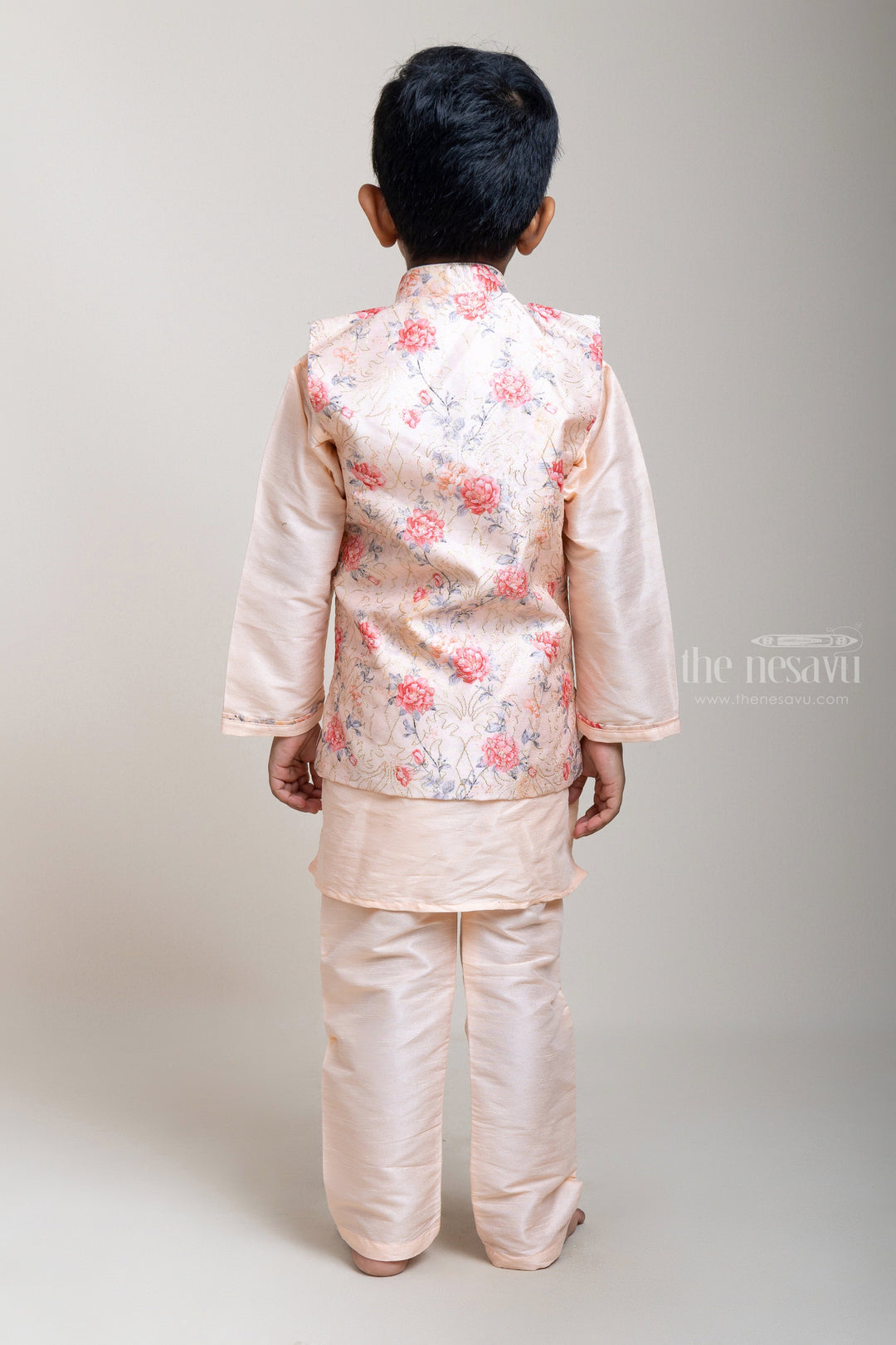 The Nesavu Boys Jacket Sets Perfect Pink Three Piece Kurta And Floral Printed Overcoat For Little Boys psr silks Nesavu