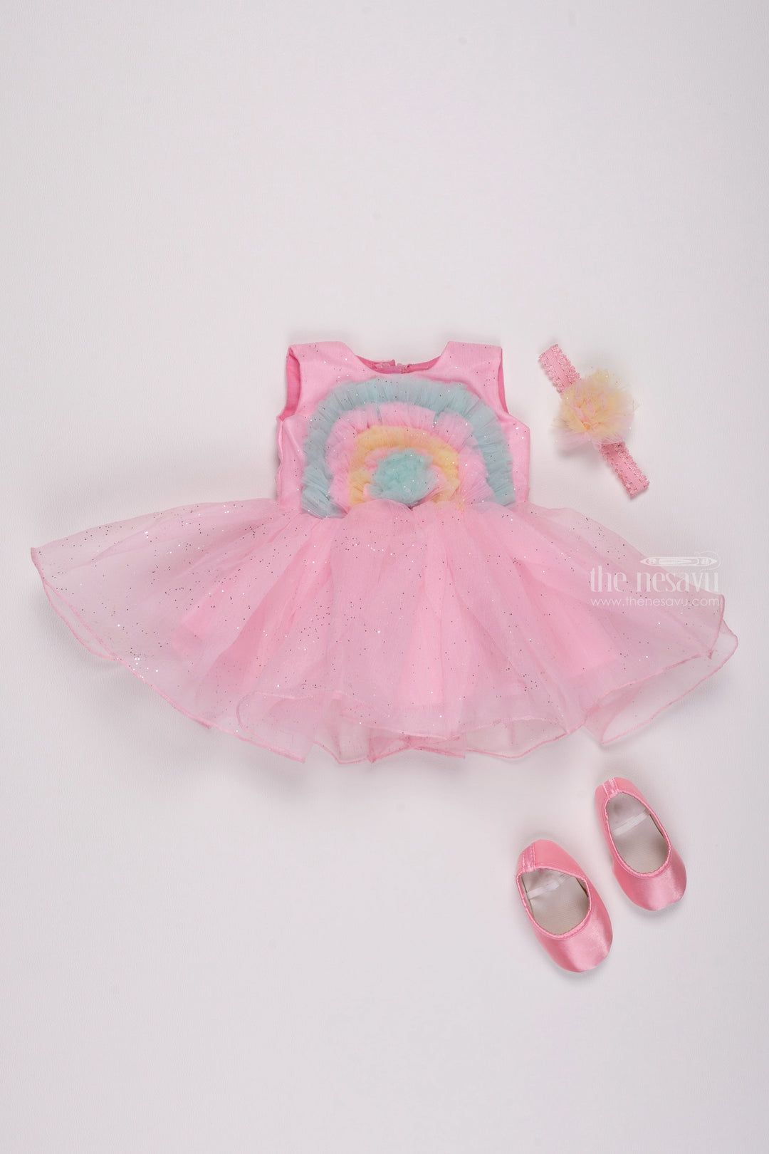 The Nesavu Girls Tutu Frock Petal Pink Parade: Multicolor Layered Party Frock with Vibrant Applique Designs Nesavu 12 (3M) / Pink / Plain Net PF142B-12 Birthday Girl Outfit Frock Selections | Trendy Dresses for Little Girls | The Nesavu