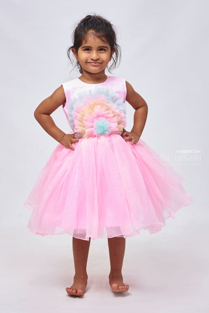 The Nesavu Girls Tutu Frock Petal Pink Parade: Multicolor Layered Party Frock with Vibrant Applique Designs Nesavu 12 (3M) / Pink / Plain Net PF142B-12 Birthday Girl Outfit Frock Selections | Trendy Dresses for Little Girls | The Nesavu