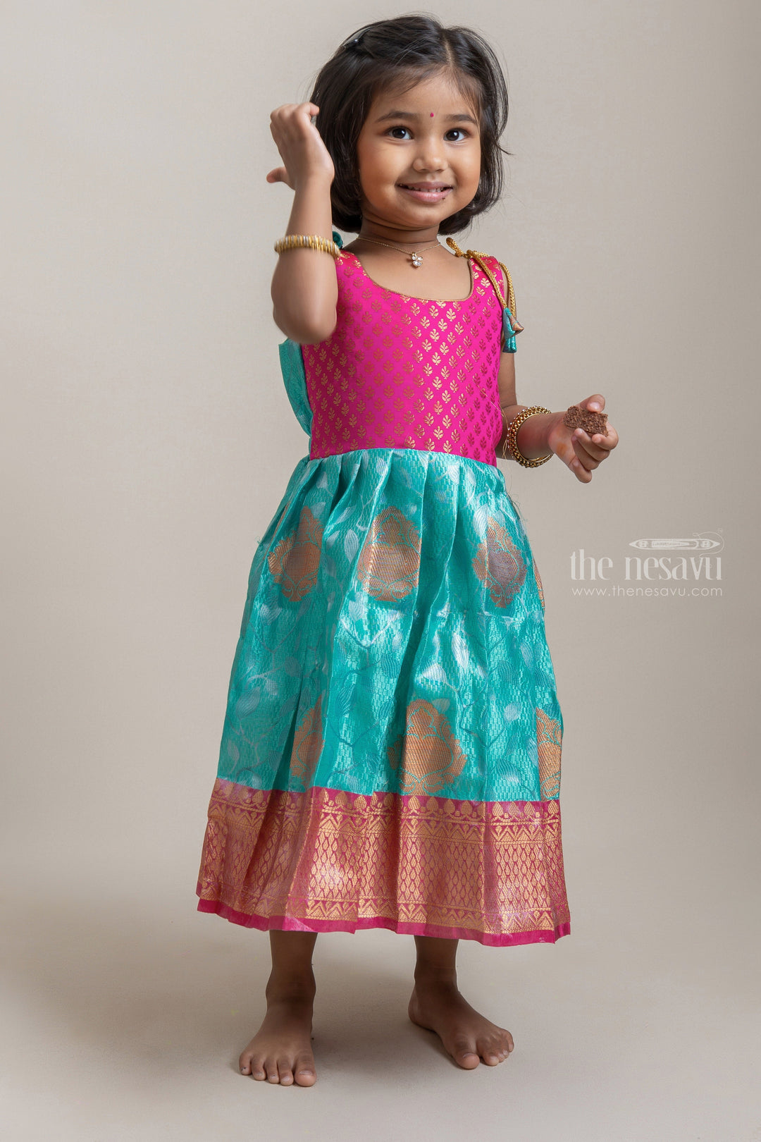 The Nesavu Tie-up Frock Pink And Blue Semi-Banaras Silk Tie-Up Frocks With Korva Border For Girls Nesavu 16 (1Y) / Turquise T276A Ethnic Tie-up Silk Frocks| Girls Festive Wear| The Nesavu
