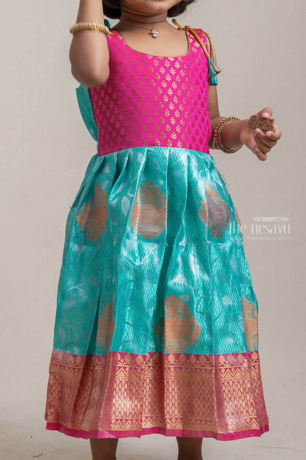 The Nesavu Tie-up Frock Pink And Blue Semi-Banaras Silk Tie-Up Frocks With Korva Border For Girls Nesavu Ethnic Tie-up Silk Frocks| Girls Festive Wear| The Nesavu