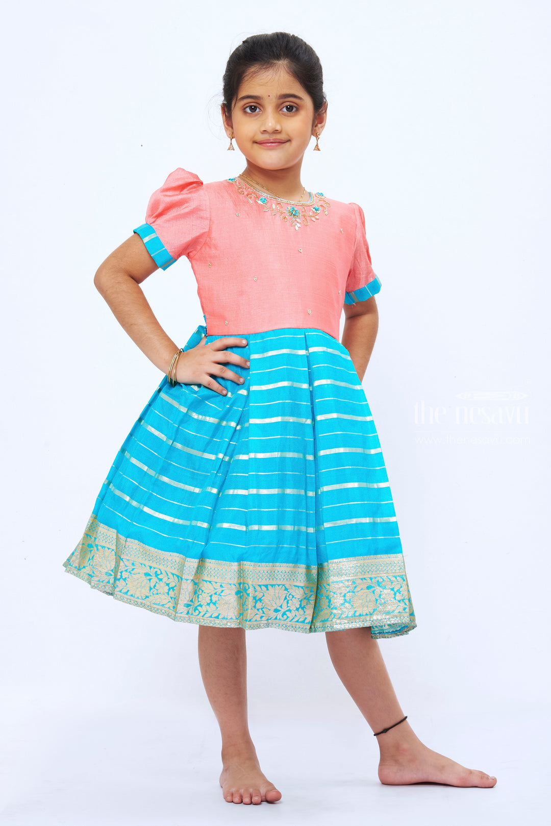 The Nesavu Silk Party Frock Pink and Blue Zari Embroidered Silk Frock - Elegant Traditional Wear for Girls Nesavu Girls' Pink Silk Frock with Blue Zari Embroidery | Luxurious Festive Dress | The Nesavu