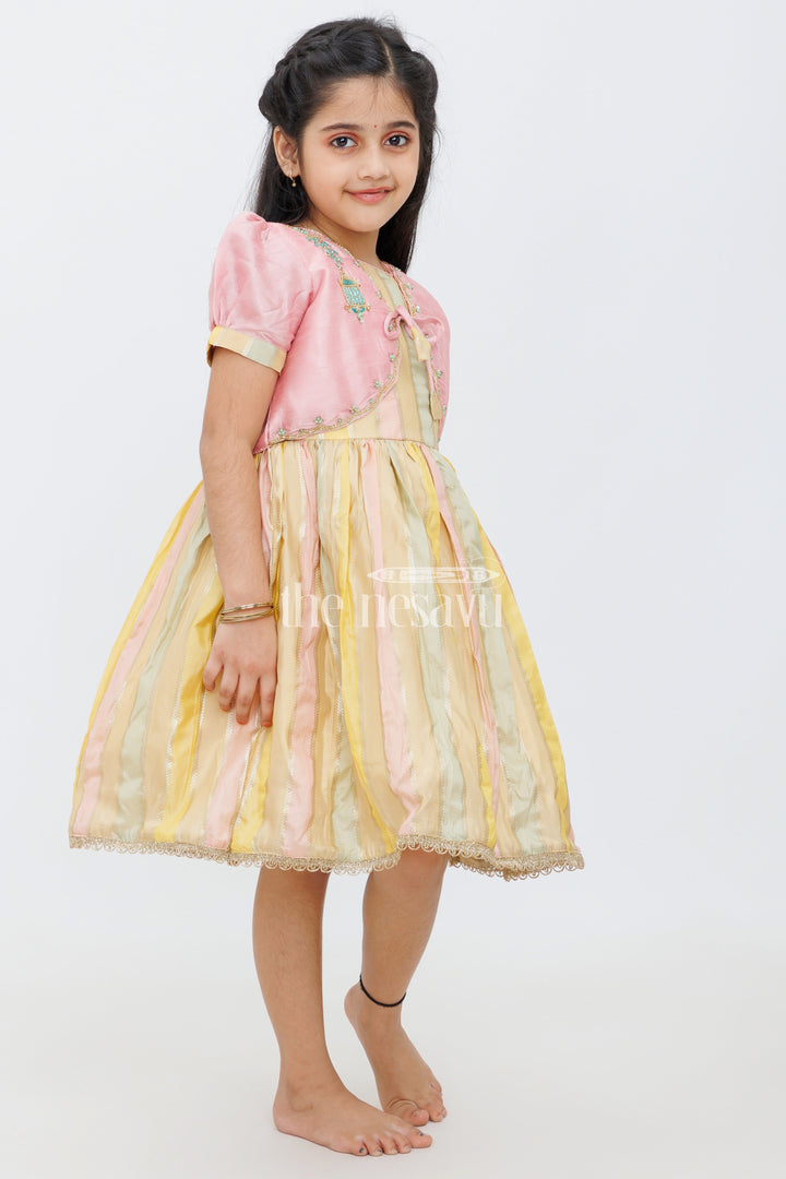 The Nesavu Silk Party Frock Pink and Gold Semi-Organza Frock for Girls with Embroidered Blouse Nesavu 16 (1Y) / multicolor SF921A-16 Pink Gold Girls Frock Striped Skirt Embroidered Blouse Festivals Celebrations