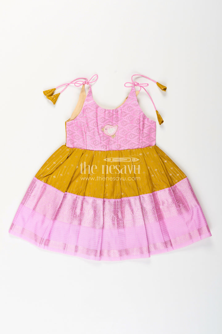 The Nesavu Tie-up Frock Pink And Mustard Frock For Baby Girls In Semi Silk Ideal For Birthdays And Traditional Gatherings Nesavu 14 (6M) / Pink / Style 3 SF999BC-14 Nesavu Pink And Mustard Frock For Baby Girls Semi Silk Ethnic Dress For Birthdays And Poojas
