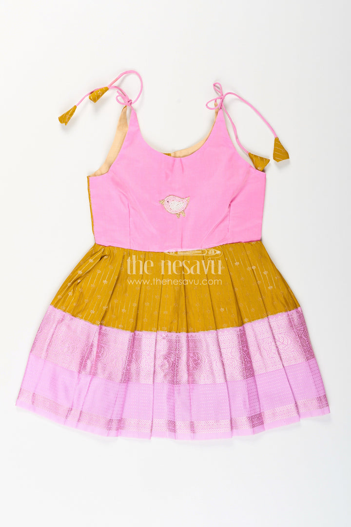 The Nesavu Tie-up Frock Pink And Mustard Frock For Baby Girls In Semi Silk Ideal For Birthdays And Traditional Gatherings Nesavu 14 (6M) / Pink / Style 4 SF999BD-14 Nesavu Pink And Mustard Frock For Baby Girls Semi Silk Ethnic Dress For Birthdays And Poojas