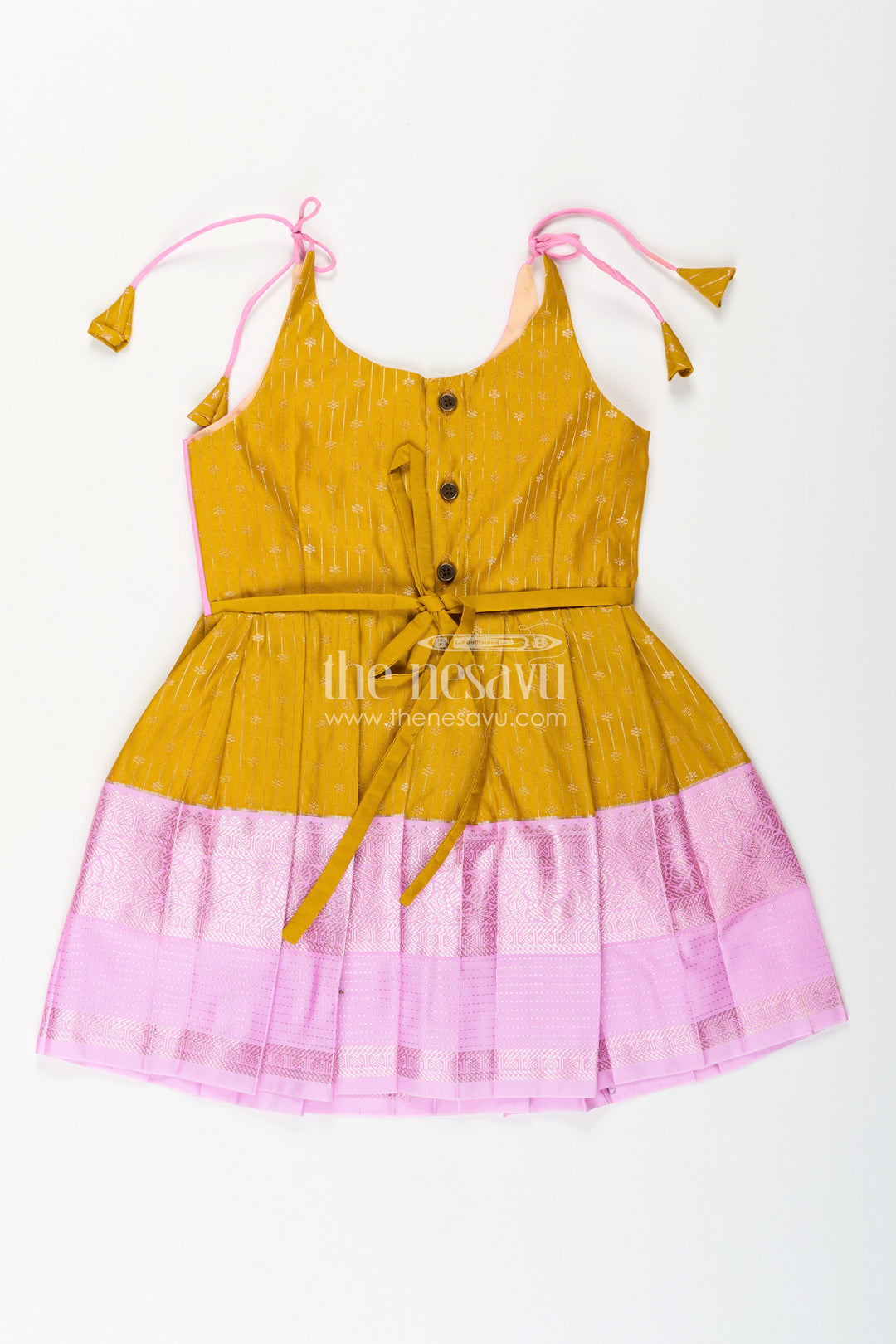 The Nesavu Tie-up Frock Pink And Mustard Frock For Baby Girls In Semi Silk Ideal For Birthdays And Traditional Gatherings Nesavu Nesavu Pink And Mustard Frock For Baby Girls Semi Silk Ethnic Dress For Birthdays And Poojas