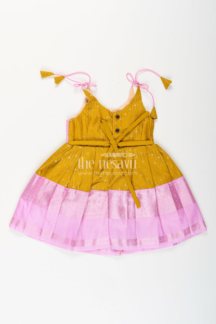 The Nesavu Tie-up Frock Pink And Mustard Frock For Baby Girls In Semi Silk Ideal For Birthdays And Traditional Gatherings Nesavu Nesavu Pink And Mustard Frock For Baby Girls Semi Silk Ethnic Dress For Birthdays And Poojas