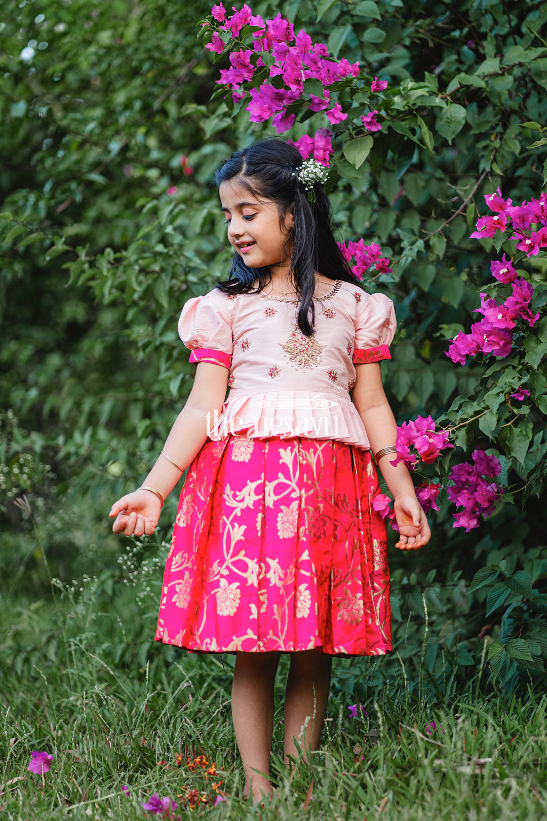 The Nesavu Silk Party Frock Pink and Red Banarasi Semi-Silk Dress for Girlsperfect for Festive and Traditional Occasions Nesavu Pink and Red Banarasi Semi-Silk Dress for Girls - Festive and Traditional Occasions | The Nesavu