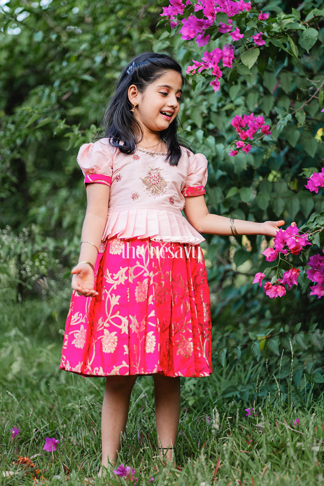 The Nesavu Silk Party Frock Pink and Red Banarasi Semi-Silk Dress for Girlsperfect for Festive and Traditional Occasions Nesavu Pink and Red Banarasi Semi-Silk Dress for Girls - Festive and Traditional Occasions | The Nesavu