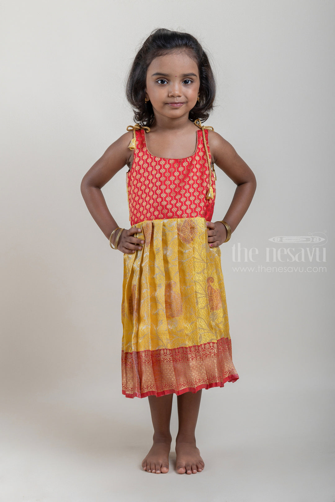 The Nesavu Tie-up Frock Pink And Yellow Banaras Silk Tie-Up Frocks With Korva Border For Little Girls psr silks Nesavu 16 (1Y) / Yellow / Semi Silk T275A