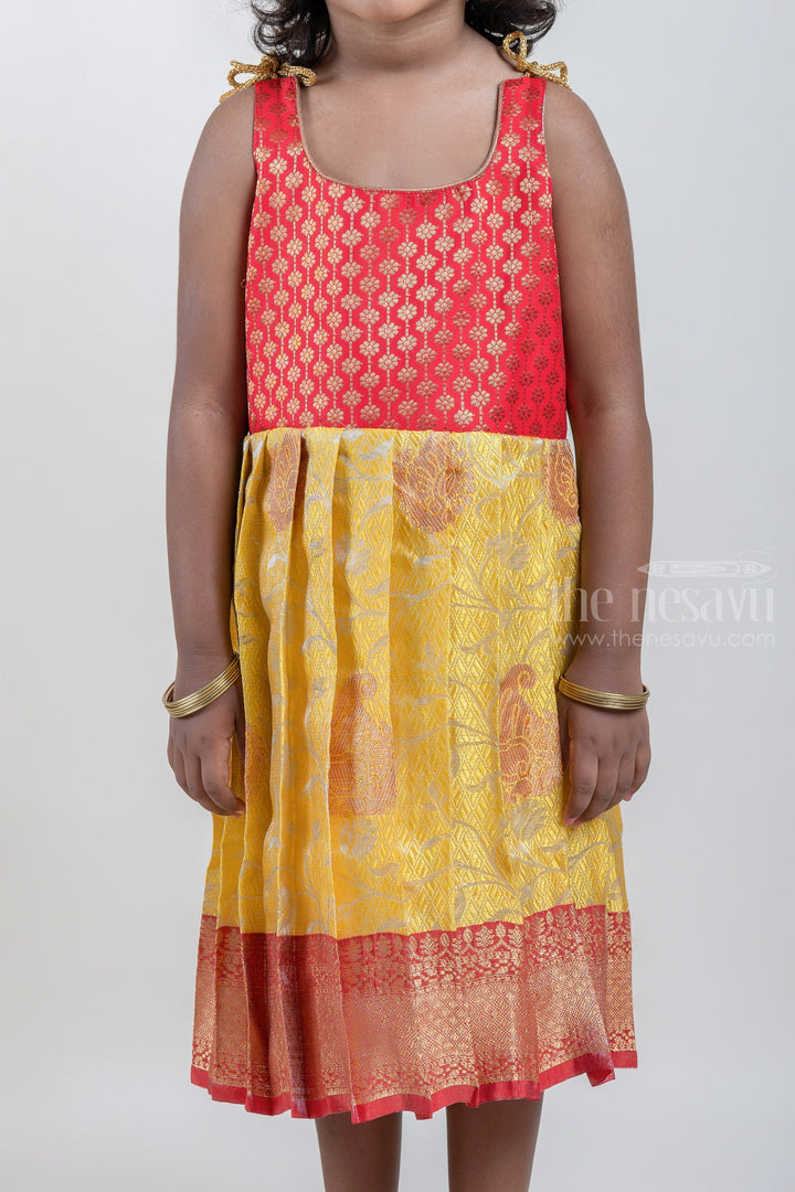 The Nesavu Tie-up Frock Pink And Yellow Banaras Silk Tie-Up Frocks With Korva Border For Little Girls psr silks Nesavu