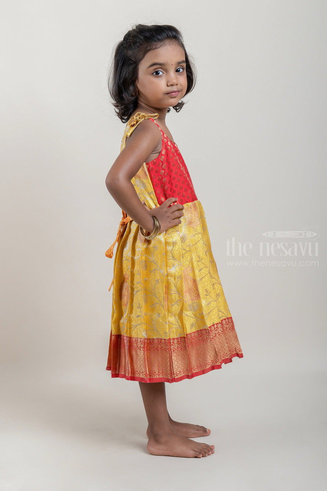 The Nesavu Tie-up Frock Pink And Yellow Banaras Silk Tie-Up Frocks With Korva Border For Little Girls psr silks Nesavu