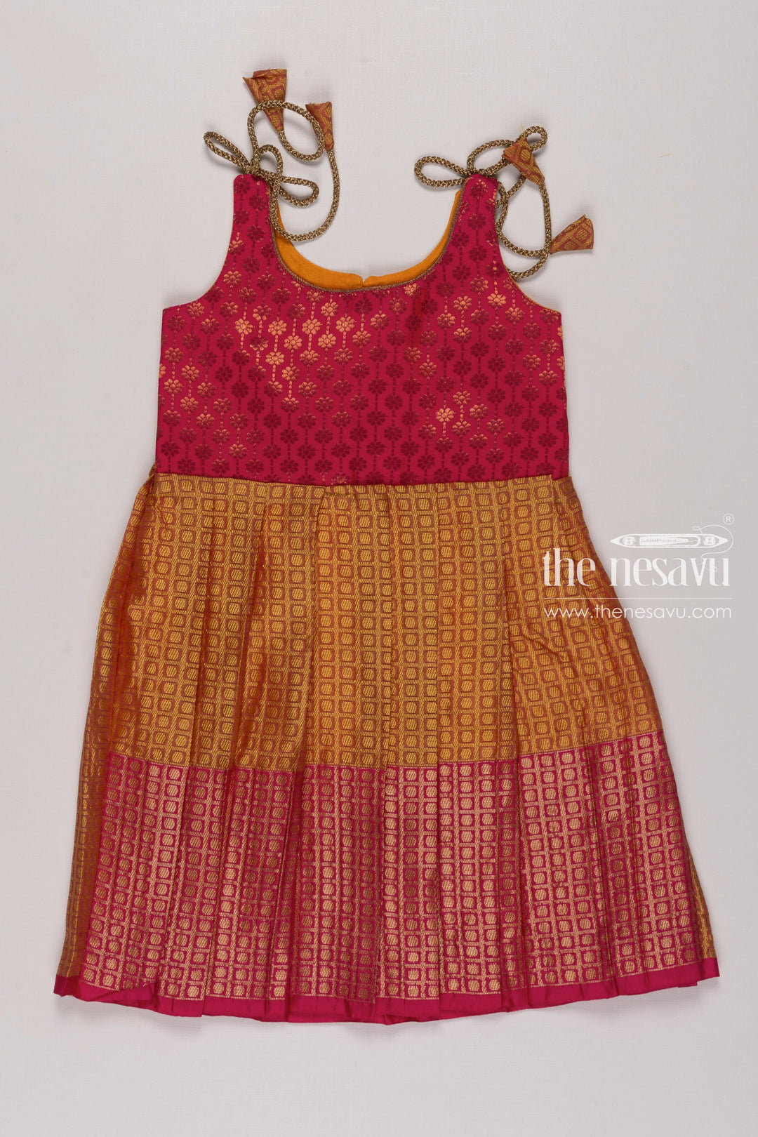 The Nesavu Tie-up Frock Pink and Yellow Silk TieUp Frock with Tassel Details Nesavu 16 (1Y) / Yellow / Blend Silk T288A-16 Vibrant Pink Yellow Tie Up Silk Dress | Festive Silk Frock with Tassels | The Nesavu