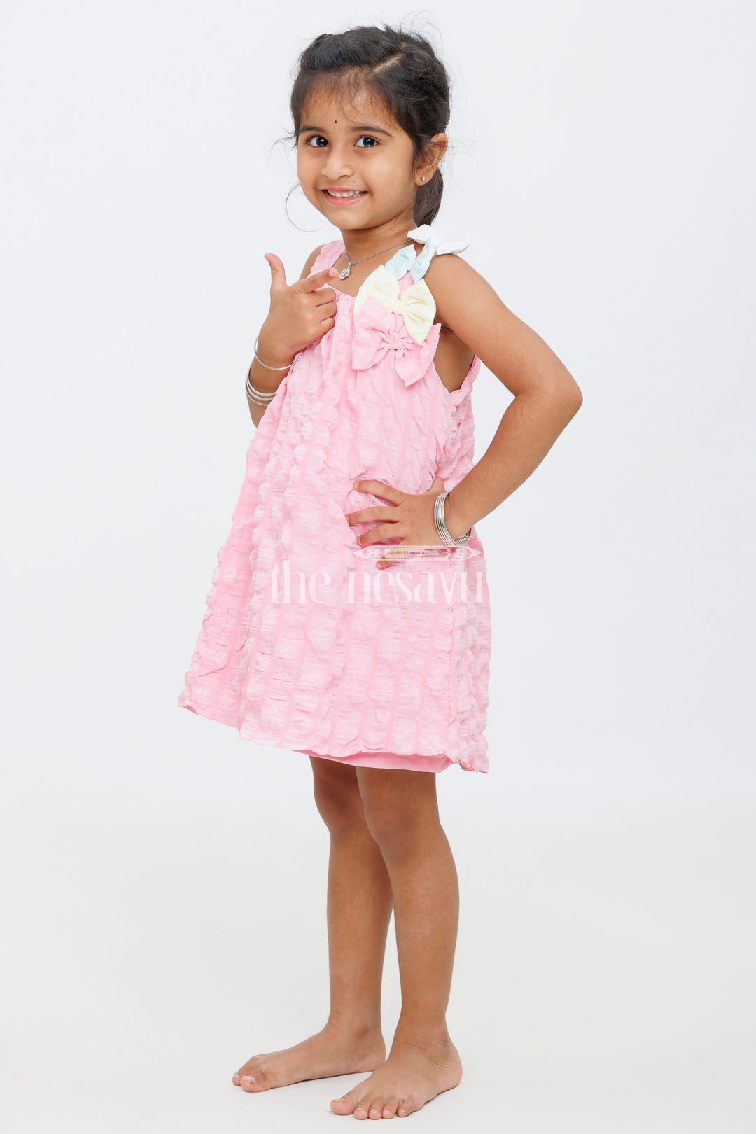 The Nesavu Baby Fancy Frock Pink Baby Frock with Popcorn Fabric and Colorful Bow Accent for Girls Nesavu 16 (1Y) / Pink BFJ627B-16 Pink Baby Frock with Popcorn Fabric and Colorful Bow Accent for Girls Nesavu