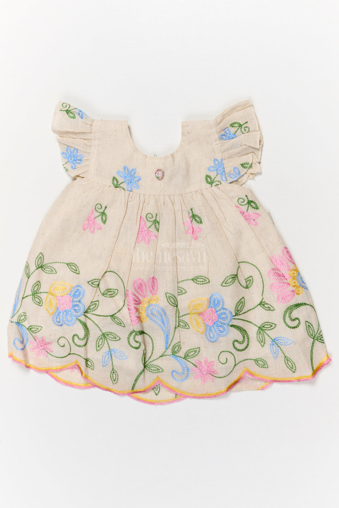 The Nesavu Baby Cotton Frocks Pink Baby Frock with Vibrant Floral Embroidery and Scalloped Hem Nesavu 14 (6M) / Pink BFJ902A-14 Nesavu pink embroidered baby frock with scalloped hem and floral design