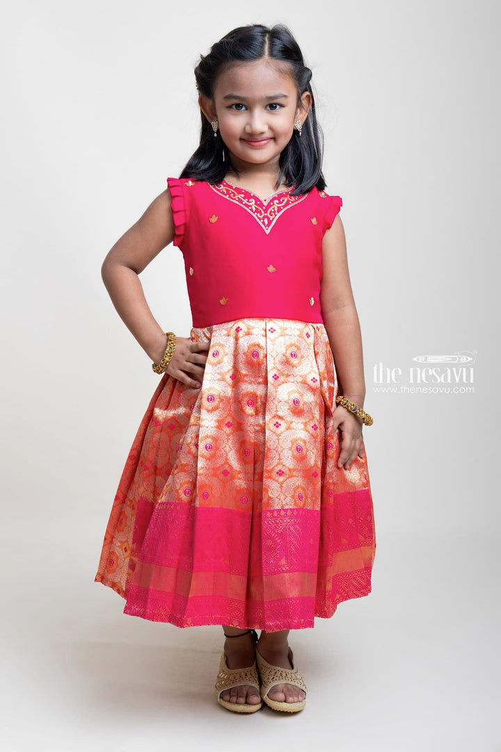 The Nesavu Silk Party Frock Pink Banaras Silk Frock With Embroidered Yoke And Copper Toned Border Nesavu 16 (1Y) / Pink SF491A-16 Fancy Silk Frocks For Girls| Silk Frocks Collection 2023| The Nesavu
