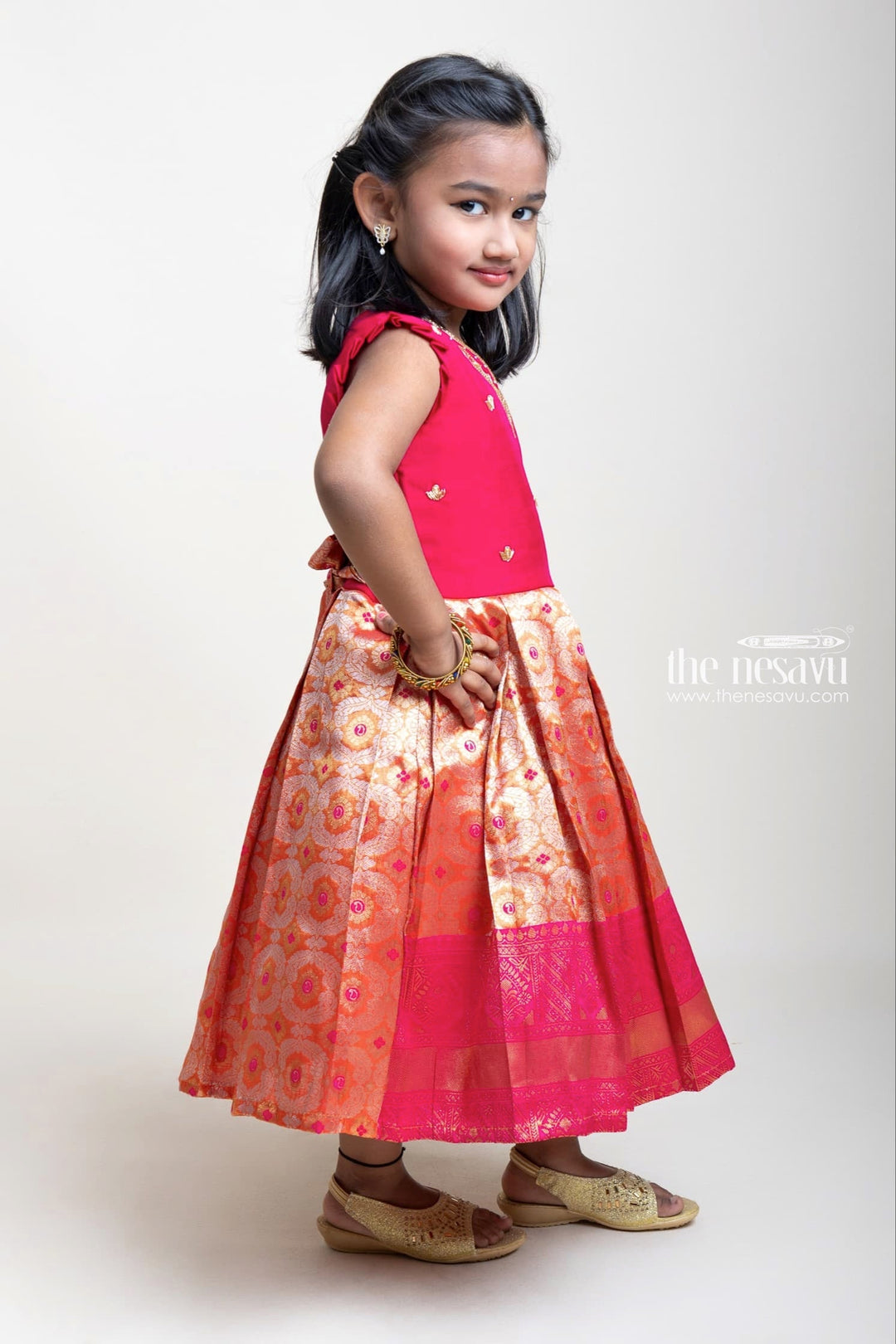 The Nesavu Silk Party Frock Pink Banaras Silk Frock With Embroidered Yoke And Copper Toned Border Nesavu Fancy Silk Frocks For Girls| Silk Frocks Collection 2023| The Nesavu