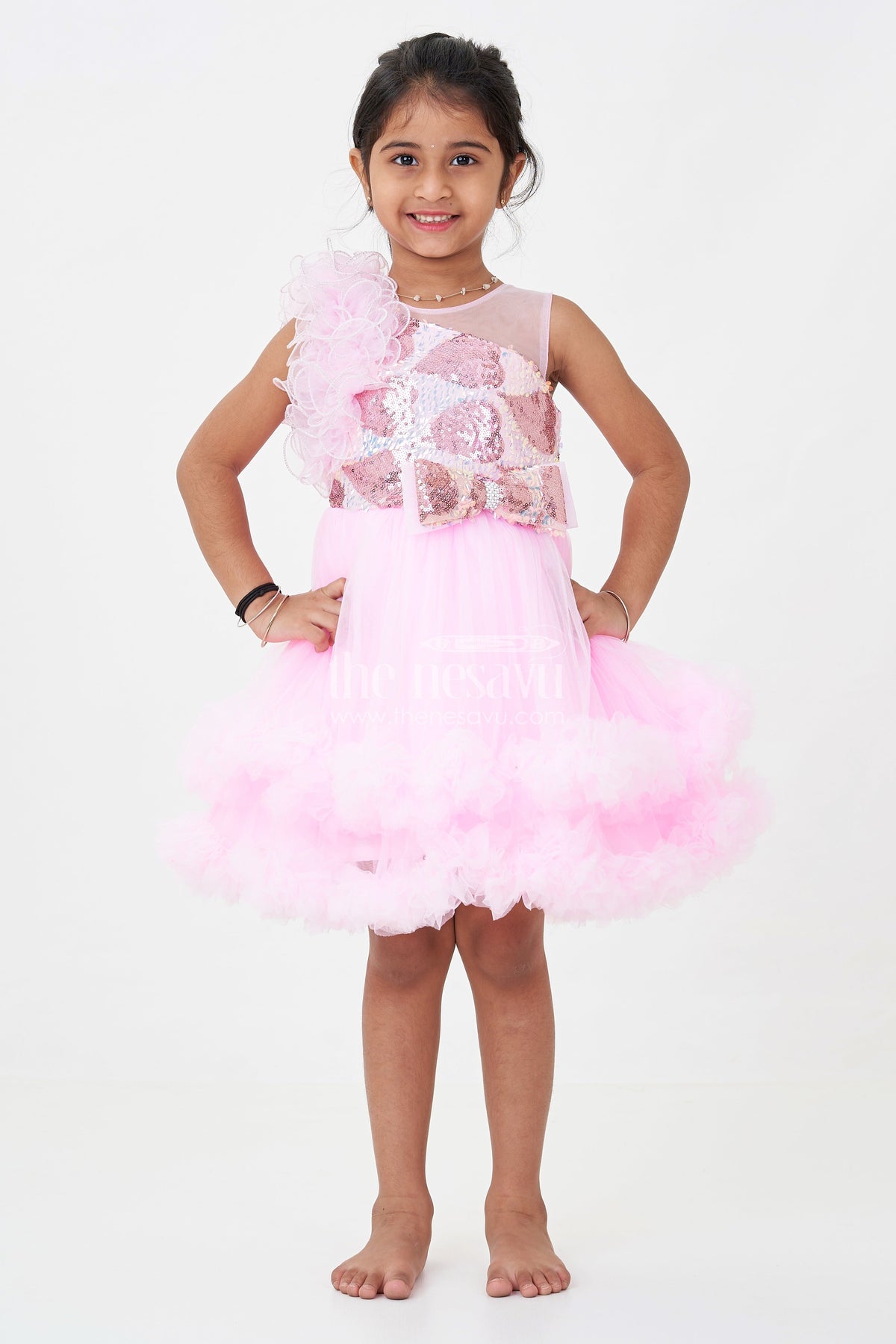 Pink Birthday Dress Girls Net Sequin Yoke Layered Ruffle Skirt