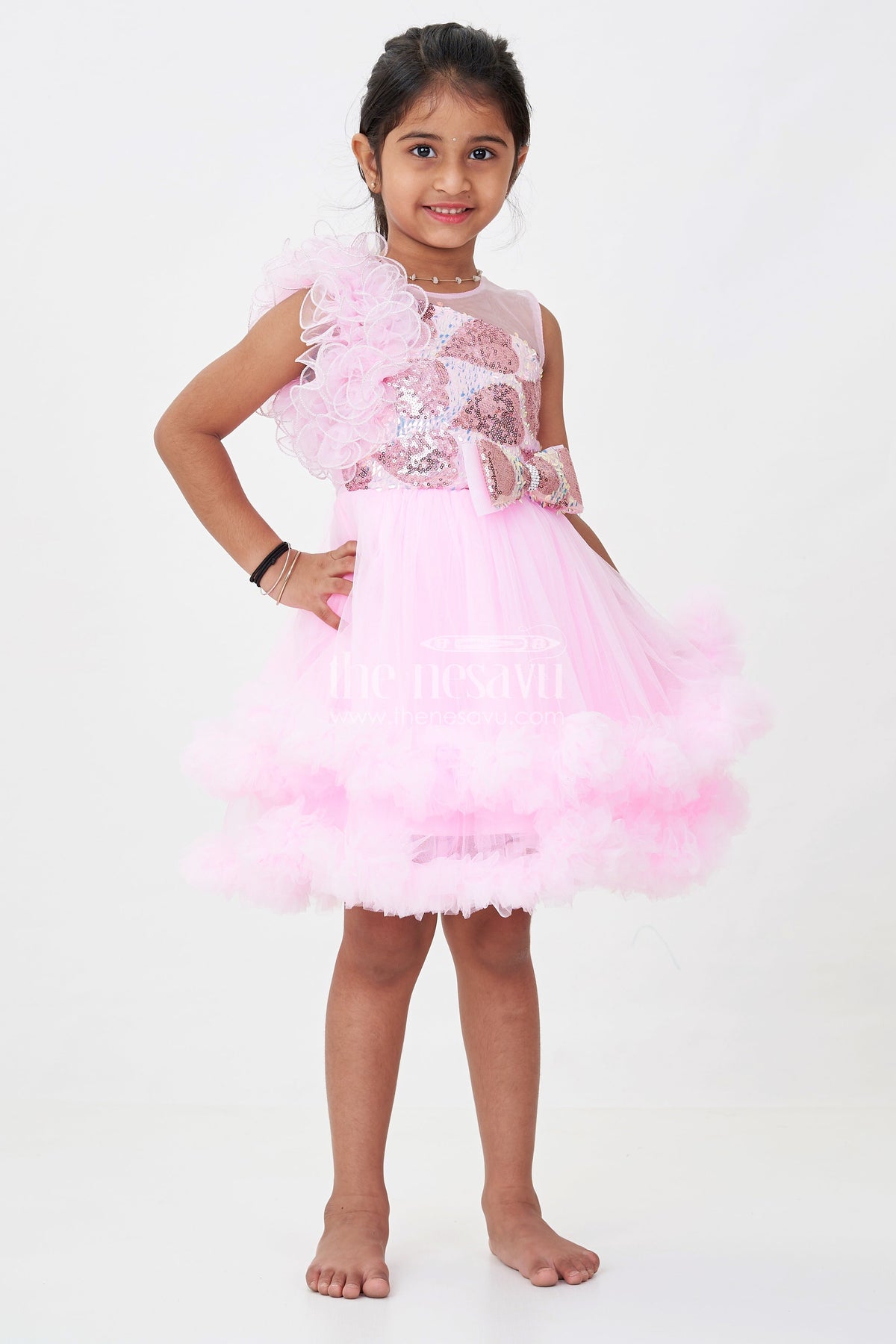 Pink Birthday Dress Girls Net Sequin Yoke Layered Ruffle Skirt