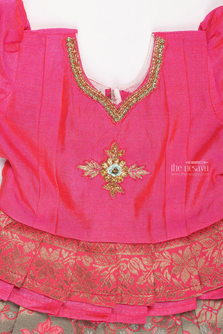 The Nesavu Silk Embroidered Frock Pink Blossom Elegance: Box-Pleated Silk Dress Delight Adorned with Zari Floral Embroidery Nesavu Zari Embroidered Silk Designer Frocks for Girls | Premium Silk Frock Collections | The Nesavu