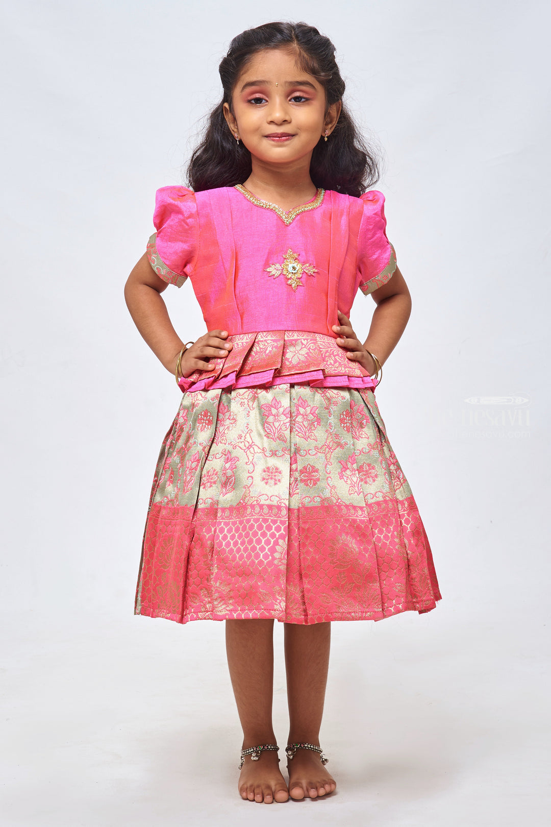 The Nesavu Silk Party Frock Pink Blossom Elegance: Box-Pleated Silk Dress Delight Adorned with Zari Floral Embroidery Nesavu 16 (1Y) / Pink / Silk Blend SF711-16 Zari Embroidered Silk Designer Frocks for Girls | Premium Silk Frock Collections | The Nesavu