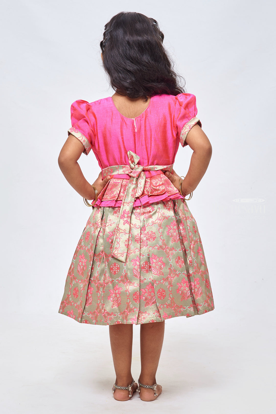 The Nesavu Silk Party Frock Pink Blossom Elegance: Box-Pleated Silk Dress Delight Adorned with Zari Floral Embroidery Nesavu Zari Embroidered Silk Designer Frocks for Girls | Premium Silk Frock Collections | The Nesavu