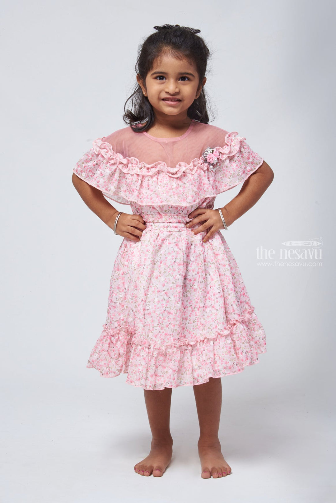 The Nesavu Baby Frock / Jhabla Pink Blossom: Floral Layered Flared Baby Dress Nesavu 18 (2Y) / Pink BFJ435B-18 Baby Girls Daily Wear Frock | Pink Frock For Baby Girls | The Nesavu