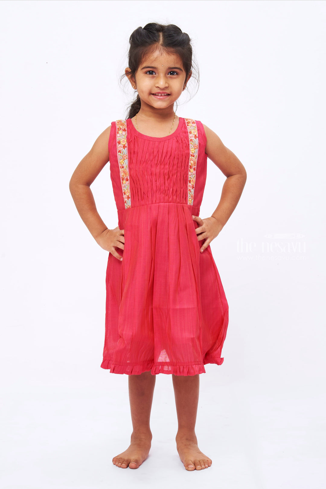 The Nesavu Girls Cotton Frock Pink Blossom Girls Cotton Frock: Floral Embroidery & Pleated Design Nesavu 16 (1Y) / Pink / Chanderi GFC1238A-16 Pink Floral Cotton Frock for Girls | Summer Comfort Daily Wear | The Nesavu