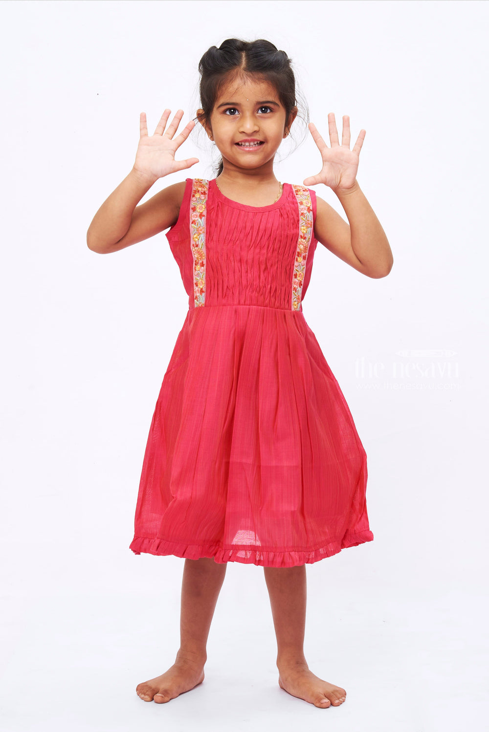 The Nesavu Girls Cotton Frock Pink Blossom Girls Cotton Frock: Floral Embroidery & Pleated Design Nesavu Pink Floral Cotton Frock for Girls | Summer Comfort Daily Wear | The Nesavu