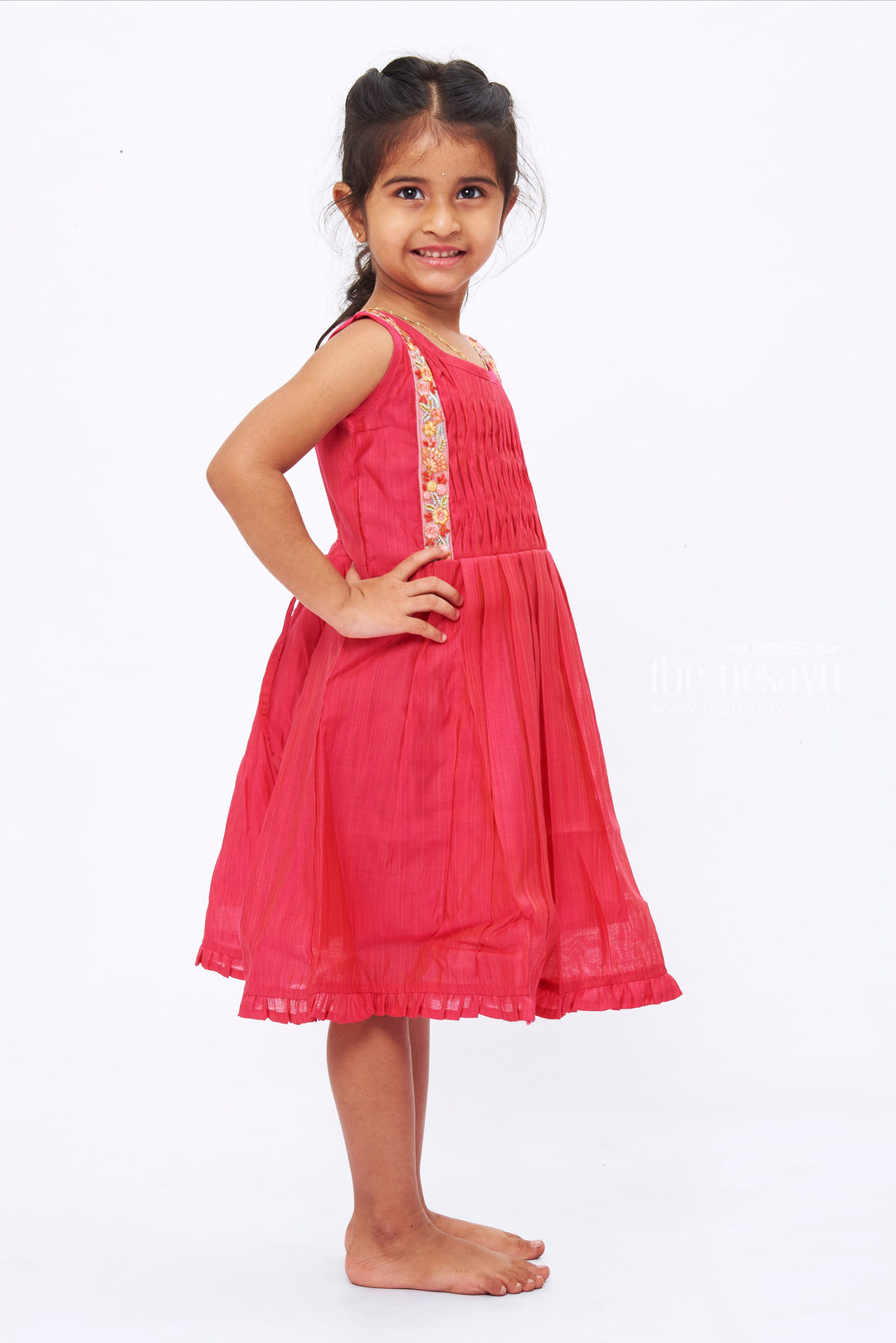 The Nesavu Girls Cotton Frock Pink Blossom Girls Cotton Frock: Floral Embroidery & Pleated Design Nesavu Pink Floral Cotton Frock for Girls | Summer Comfort Daily Wear | The Nesavu