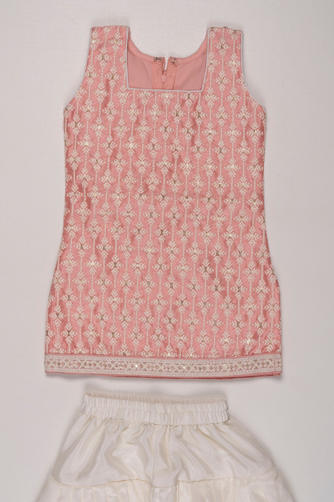 The Nesavu Girls Sharara / Plazo Set Pink Blossom Kurti and Pant Set with Overcoat for Girls Nesavu Pink Kurti Pant Set for Girls with Overcoat | Versatile Kids Ethnic Wear | The Nesavu
