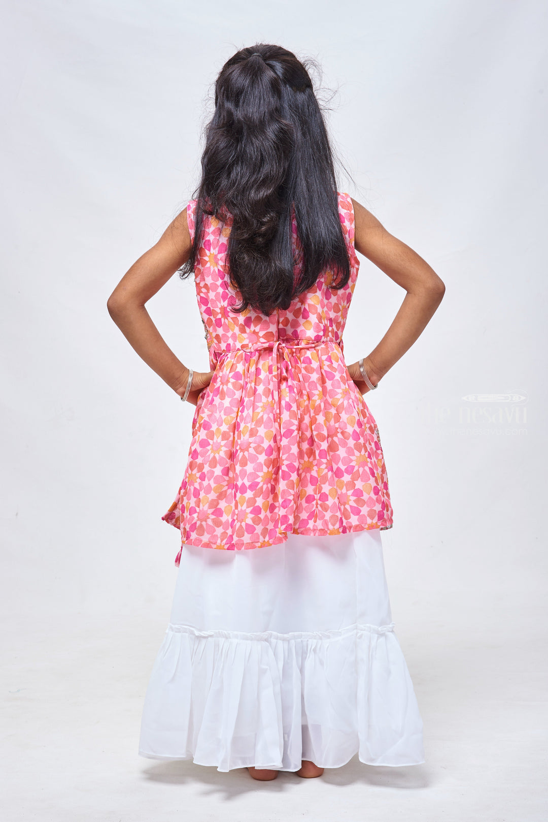 The Nesavu Girls Lehenga Choli Pink Blossom: Sequin Embroidered Floral Designer Pink Kurti & Lehenga Set with Dupatta for Girls Nesavu Floral Lehenga Set for Girls | Contemporary Kids Lehenga with Dupatta | The Nesavu