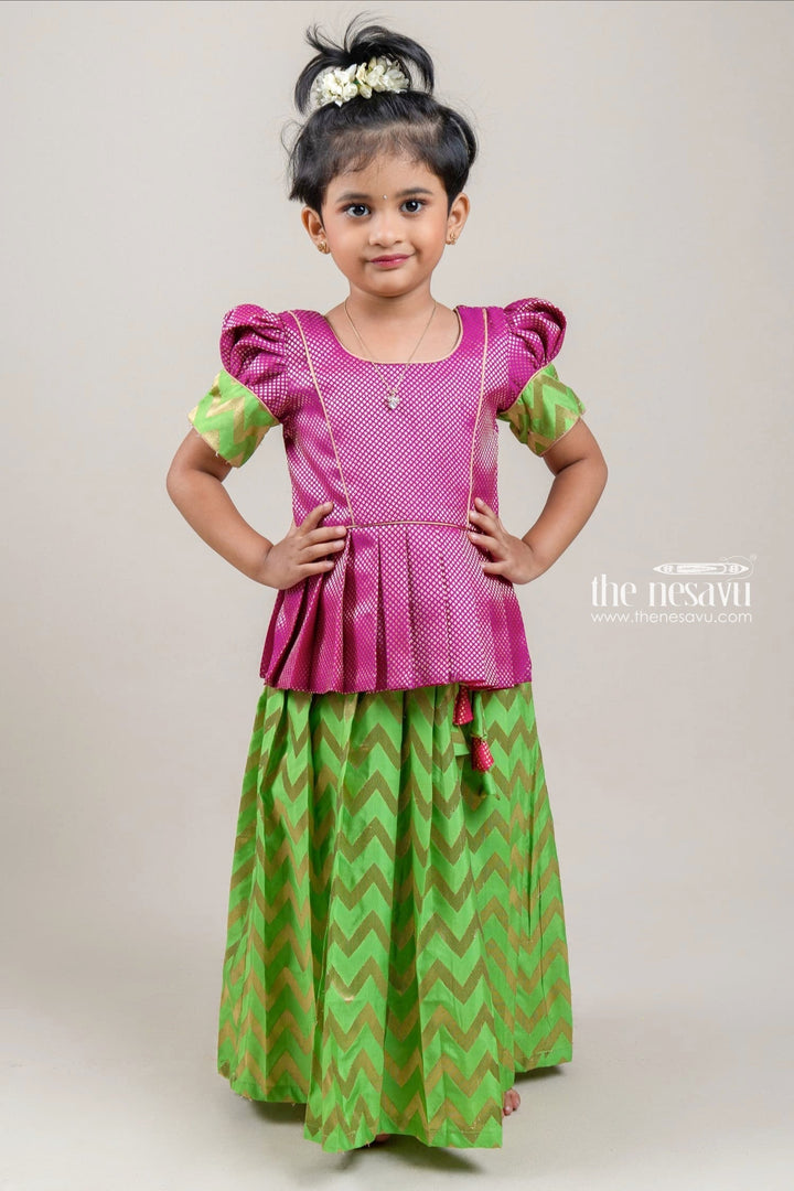 The Nesavu Pattu Pavadai Pink Brocade Designer Silk Blouse with Green Silk Skirt for Girls Nesavu 14 (6M) / Green / Jacquard GPP276A-14 Pink Brocade Silk Blouse with Green Silk Skirt | Traditional Pattu Pavadai |The Nesavu