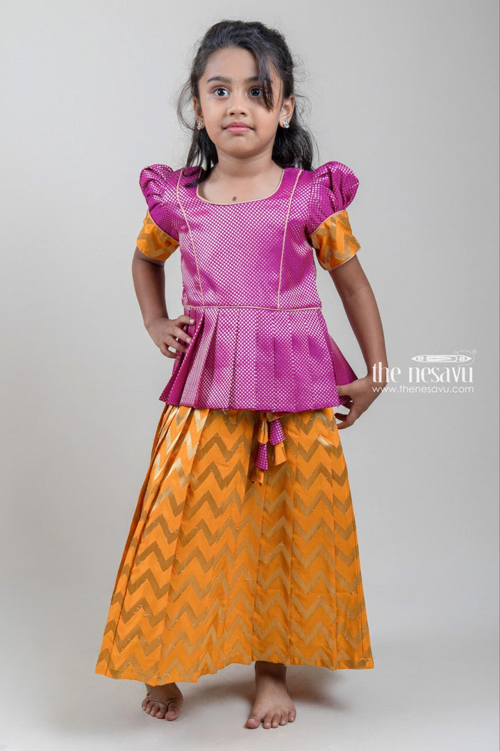 The Nesavu Pattu Pavadai Pink Brocade Designer Silk Blouse with Yellow Silk Skirt for Girls Nesavu 14 (6M) / Yellow / Jacquard GPP274A-14 Pink Brocade Silk Blouse with Yellow Silk Skirt | Traditional Pattu Pavadai |The Nesavu
