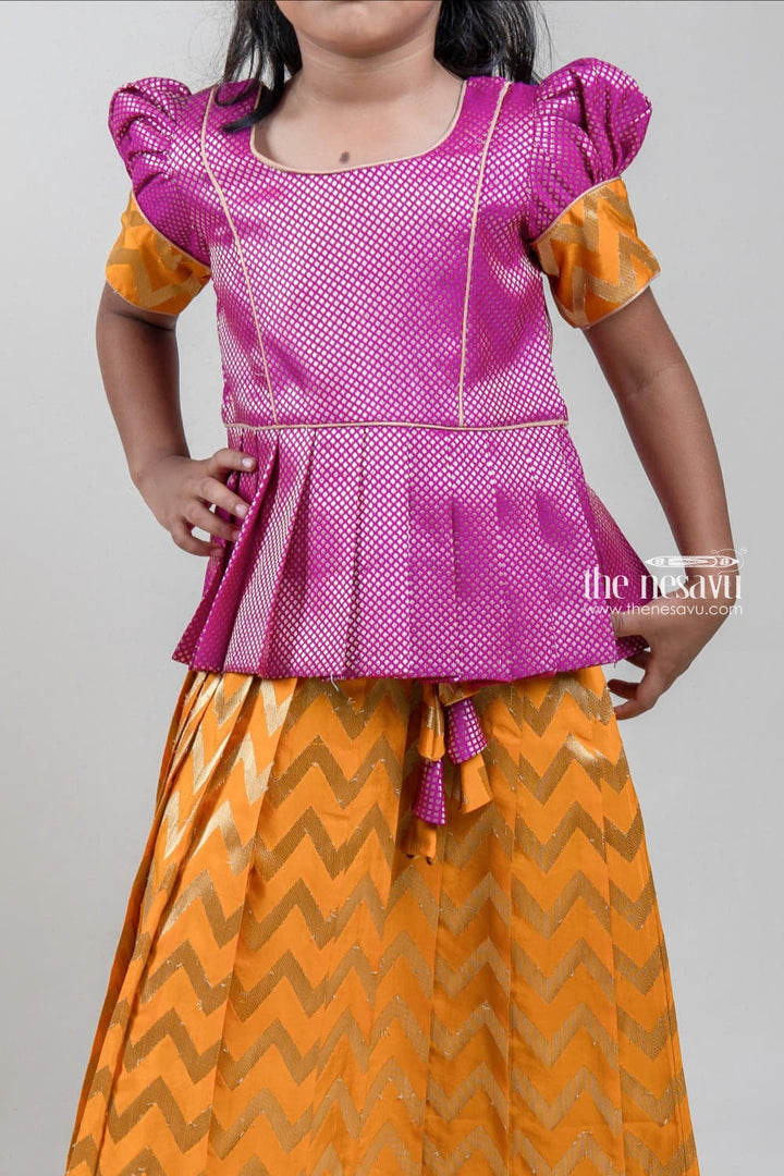 The Nesavu Pattu Pavadai Pink Brocade Designer Silk Blouse with Yellow Silk Skirt for Girls Nesavu Pink Brocade Silk Blouse with Yellow Silk Skirt | Traditional Pattu Pavadai |The Nesavu
