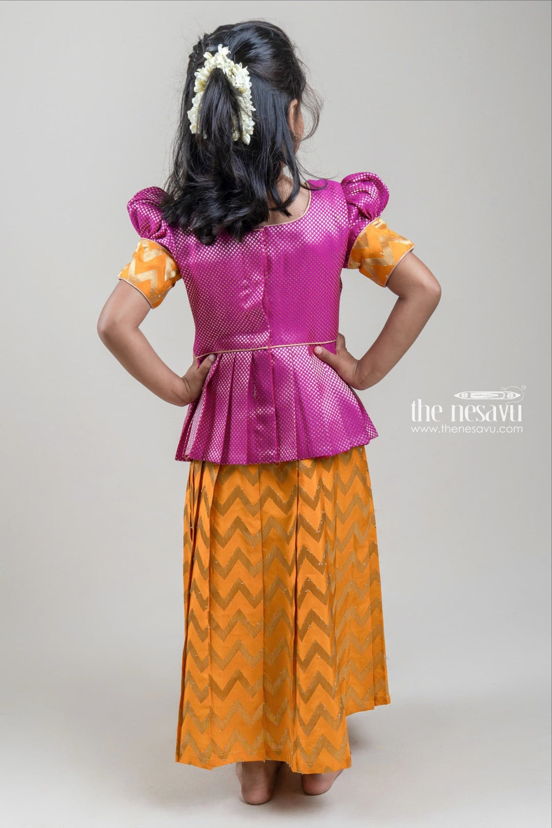 The Nesavu Pattu Pavadai Pink Brocade Designer Silk Blouse with Yellow Silk Skirt for Girls Nesavu Pink Brocade Silk Blouse with Yellow Silk Skirt | Traditional Pattu Pavadai |The Nesavu