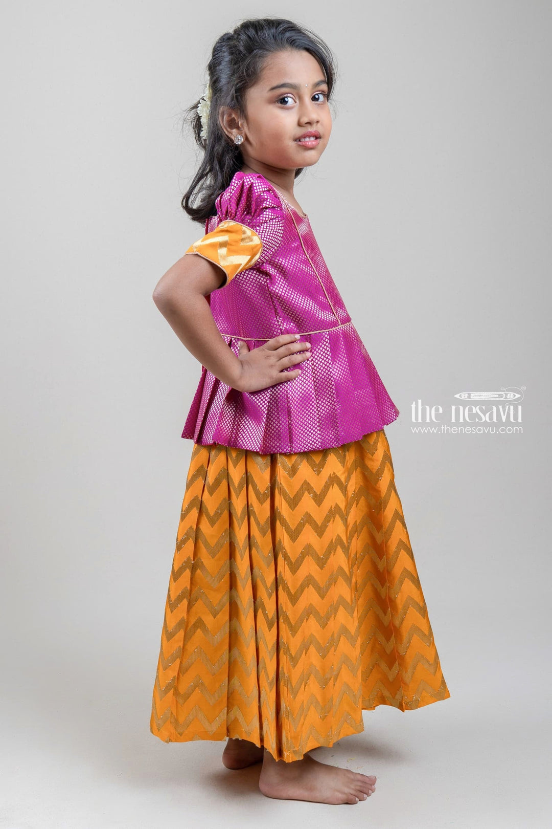 The Nesavu Pattu Pavadai Pink Brocade Designer Silk Blouse with Yellow Silk Skirt for Girls Nesavu Pink Brocade Silk Blouse with Yellow Silk Skirt | Traditional Pattu Pavadai |The Nesavu