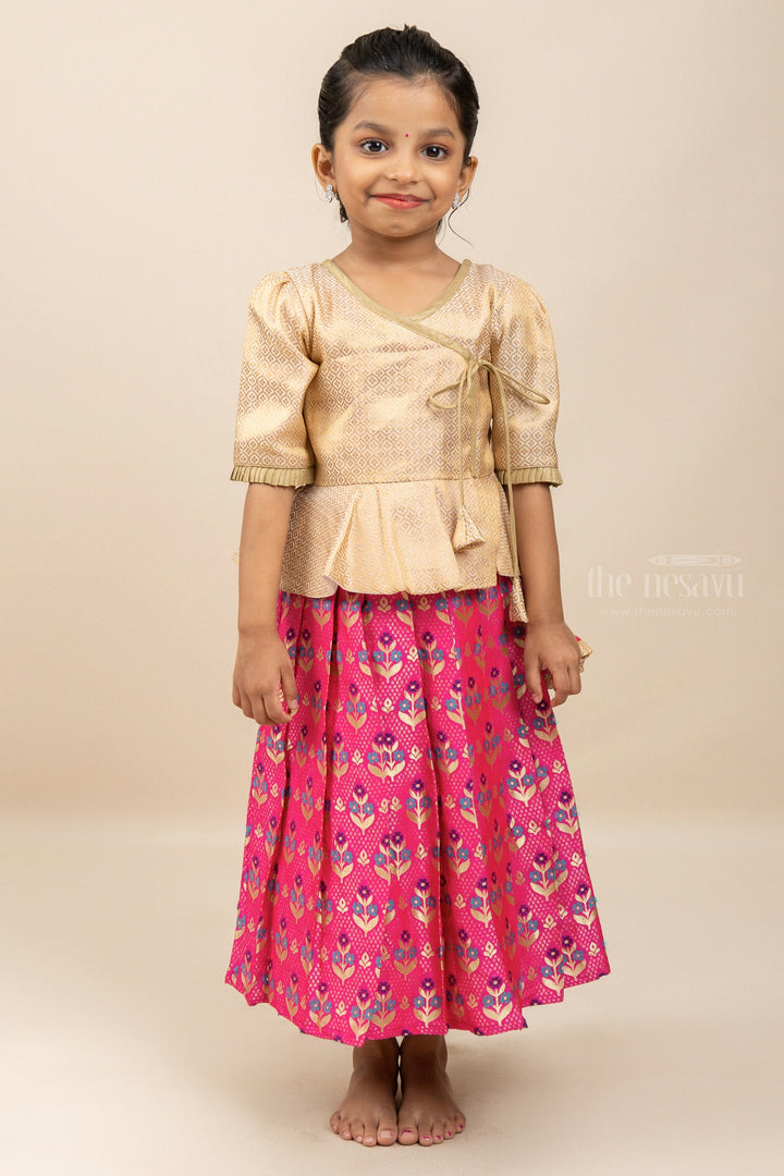 The Nesavu Pattu Pavadai Pink Brocade Silk Langa With Golden Designer Peplum Blouse Nesavu 18 (2Y) / Deeppink GPP196-18 Latest Festive Wear Collection For Girls | Pattu Pavadai | The Nesavu