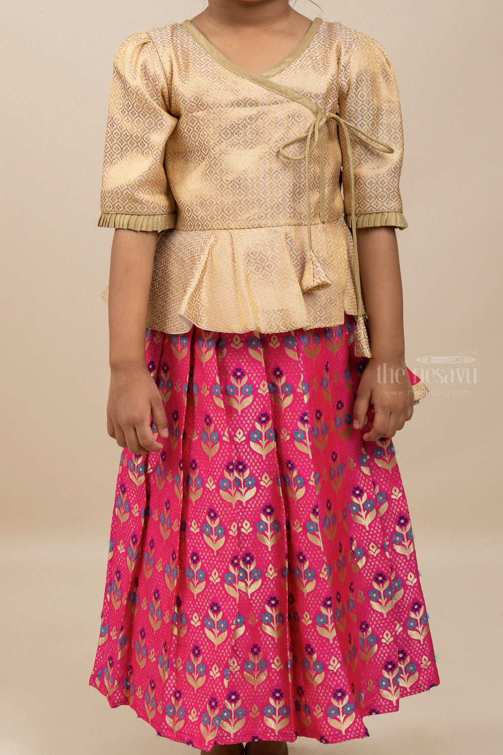 The Nesavu Pattu Pavadai Pink Brocade Silk Langa With Golden Designer Peplum Blouse Nesavu Latest Festive Wear Collection For Girls | Pattu Pavadai | The Nesavu