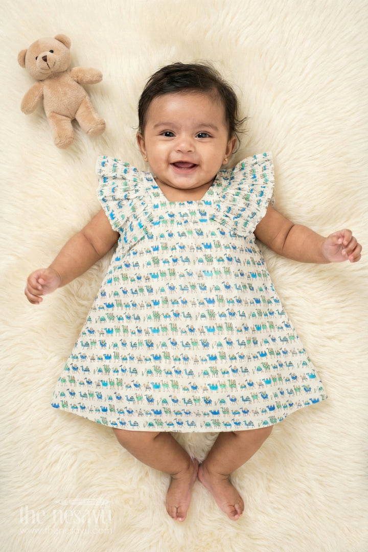 The Nesavu Baby Cotton Frocks Pink Camel Print Cotton Baby Frock with Ruffles for Newborns Nesavu 10 (NB) / Cream BFJ559C-10 Pink Camel Print Cotton Baby Frock with Ruffles for Newborns Nesavu