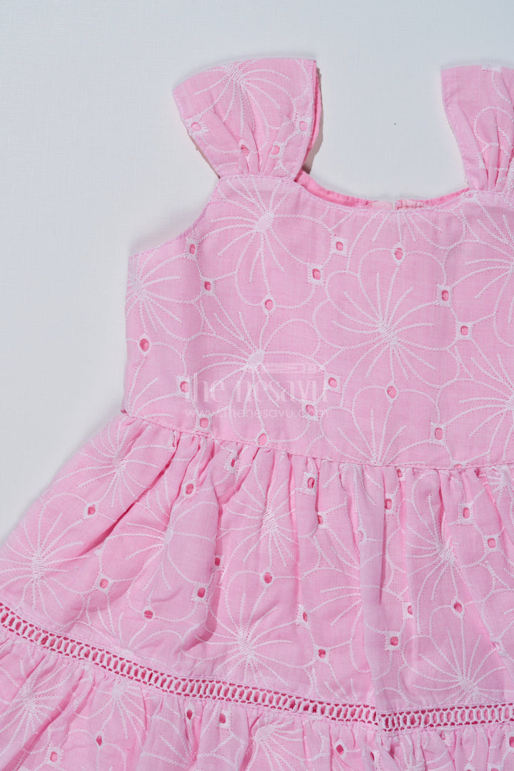 The Nesavu Girls Cotton Frock Pink Casual Short Dress for Girls in Pastel Cotton with Chikankari Embroidery Nesavu Nesavu Pink Casual Short Dress Girls Pastel Cotton Chikankari Embroidery
