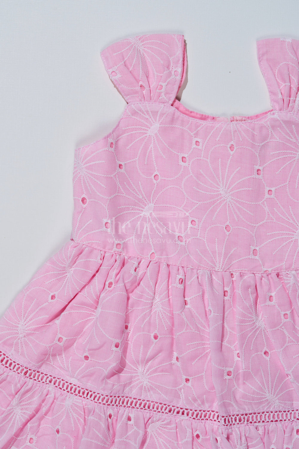 The Nesavu Girls Cotton Frock Pink Casual Short Dress for Girls in Pastel Cotton with Chikankari Embroidery Nesavu Nesavu Pink Casual Short Dress Girls Pastel Cotton Chikankari Embroidery