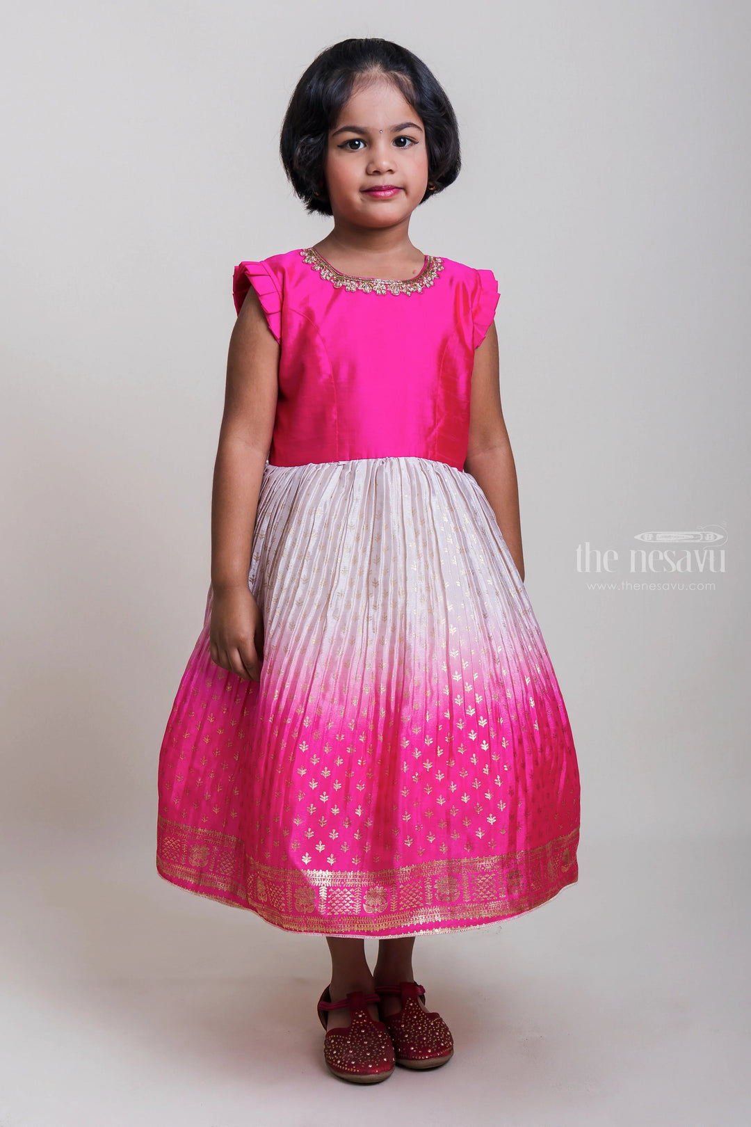 The Nesavu Silk Party Frock Pink Celebration Frock in Foil Printed Pleated Chinon Silk for Baby Girl Nesavu 16 (1Y) / Pink SF233-16 Baby Girl Comfy Daily Wear | Shop Sleeveless Cotton Gowns | The Nesavu