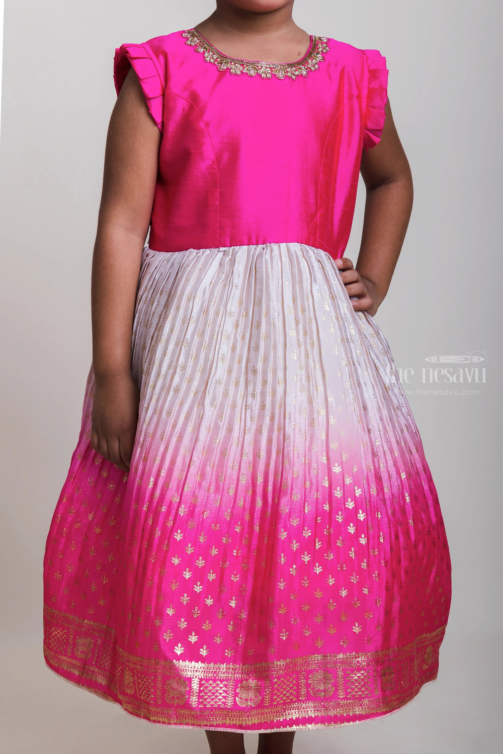 The Nesavu Silk Party Frock Pink Celebration Frock in Foil Printed Pleated Chinon Silk for Baby Girl Nesavu Baby Girl Comfy Daily Wear | Shop Sleeveless Cotton Gowns | The Nesavu