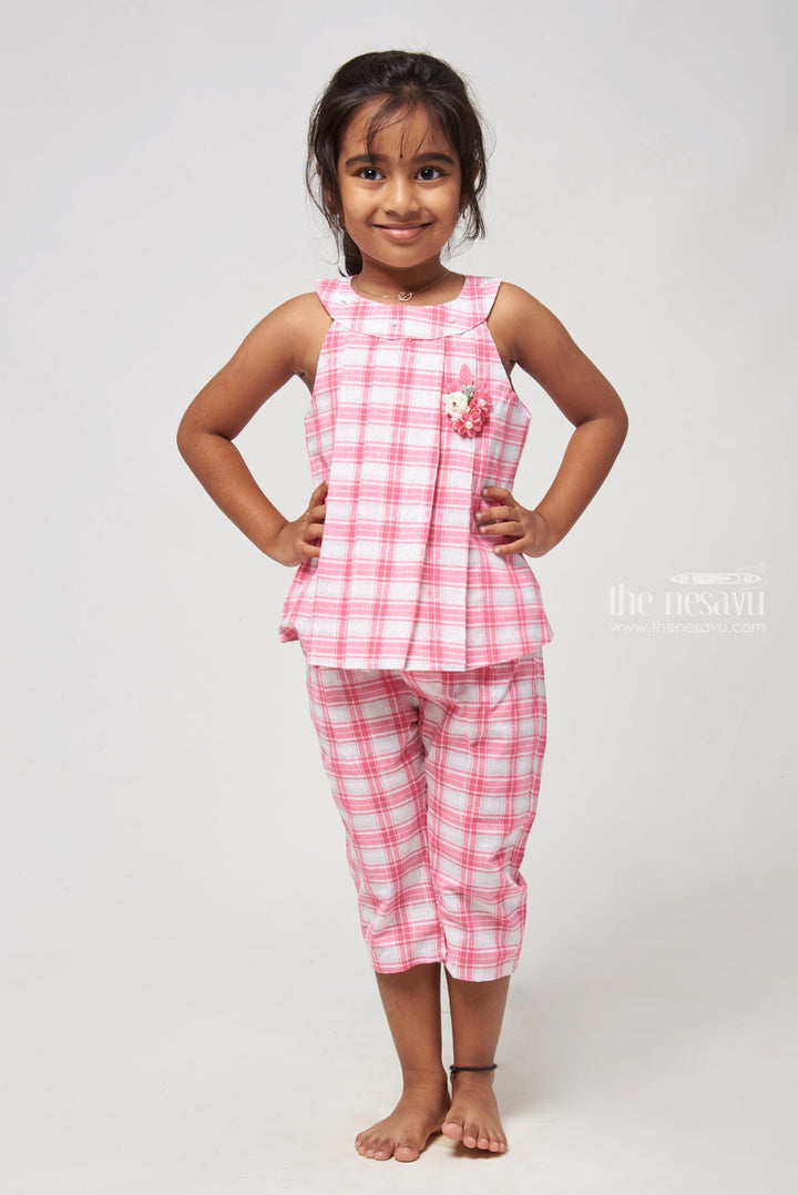 The Nesavu Baby Frock / Jhabla Pink Checkered Halter Ensemble for Little Trendsetters Nesavu 18 (2Y) / Pink BFJ433B-18 Fancy Jumpsuit For Baby Girls | Pink Jumpsuit For Girls | The Nesavu