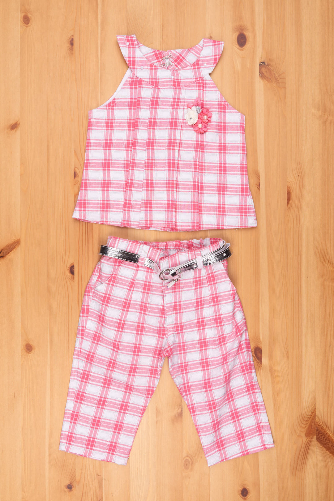 The Nesavu Baby Frock / Jhabla Pink Checkered Halter Ensemble for Little Trendsetters Nesavu Fancy Jumpsuit For Baby Girls | Pink Jumpsuit For Girls | The Nesavu