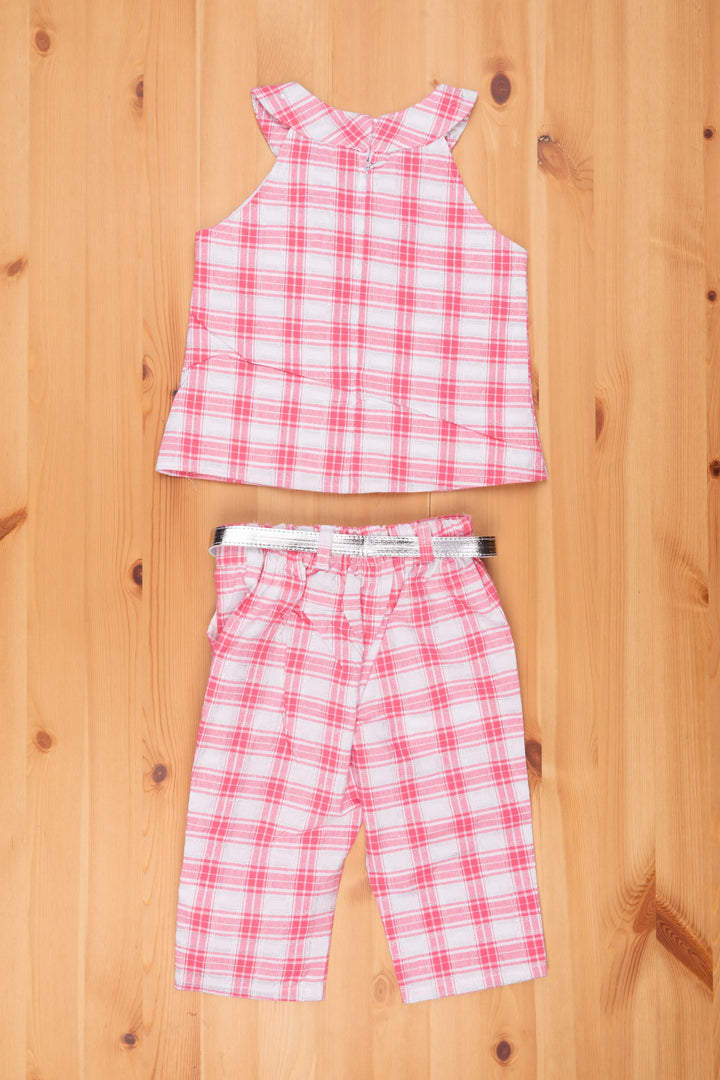 The Nesavu Baby Frock / Jhabla Pink Checkered Halter Ensemble for Little Trendsetters Nesavu Fancy Jumpsuit For Baby Girls | Pink Jumpsuit For Girls | The Nesavu