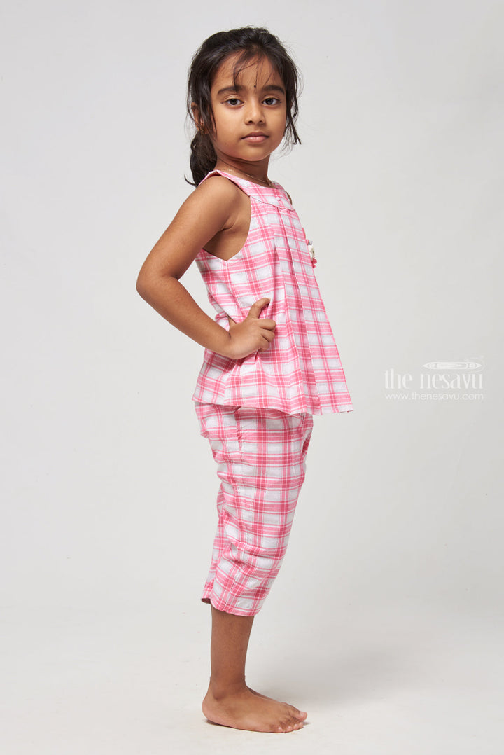 The Nesavu Baby Frock / Jhabla Pink Checkered Halter Ensemble for Little Trendsetters Nesavu Fancy Jumpsuit For Baby Girls | Pink Jumpsuit For Girls | The Nesavu