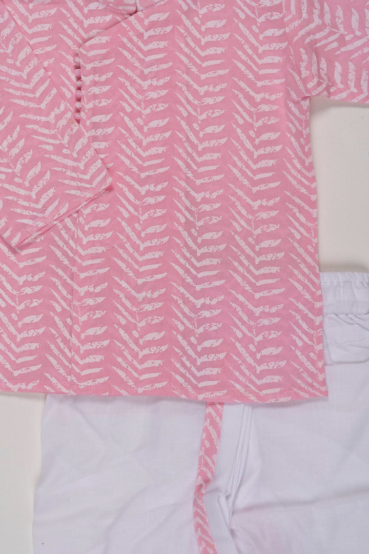 The Nesavu Boys Dothi Set Pink Chevron Kurta with White Dhoti Set for Boys - Traditional Chic Nesavu Boys Pink and White Kurta Dhoti Set | Chevron Pattern | Festive Wear | The Nesavu