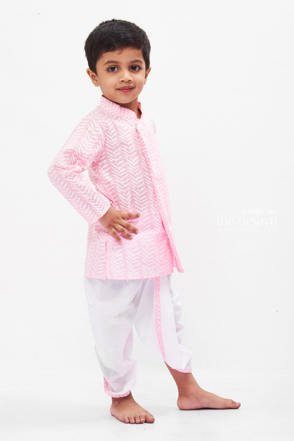 The Nesavu Boys Dothi Set Pink Chevron Kurta with White Dhoti Set for Boys - Traditional Chic Nesavu Boys Pink and White Kurta Dhoti Set | Chevron Pattern | Festive Wear | The Nesavu